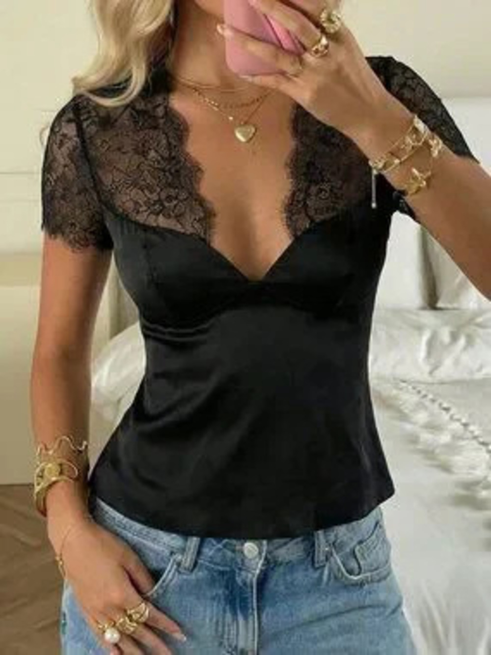 ZARA Black Elegant Women's Sexy Deep V-Neck Blouse